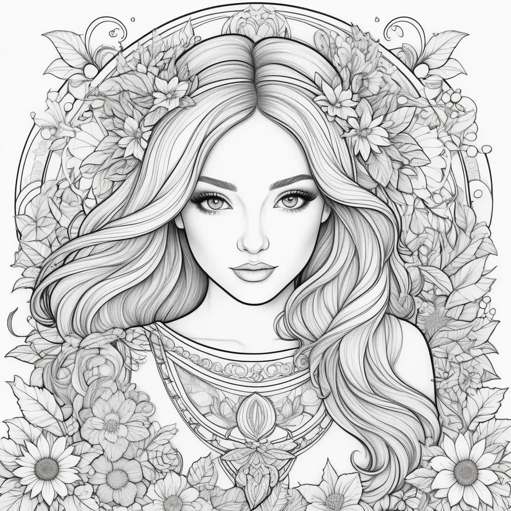 free coloring page featuring a beautiful woman surrounded by flowers