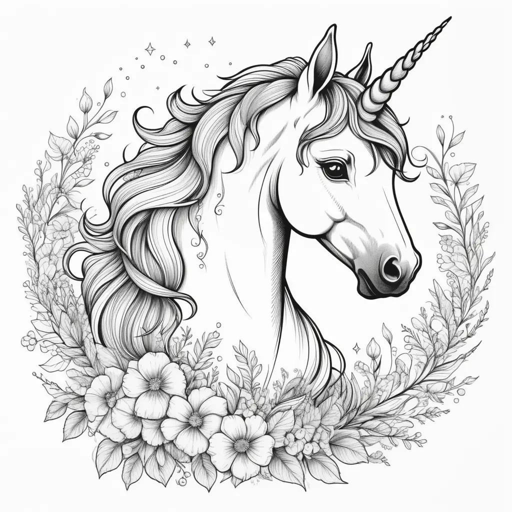 free coloring page featuring a unicorn and flower wreath