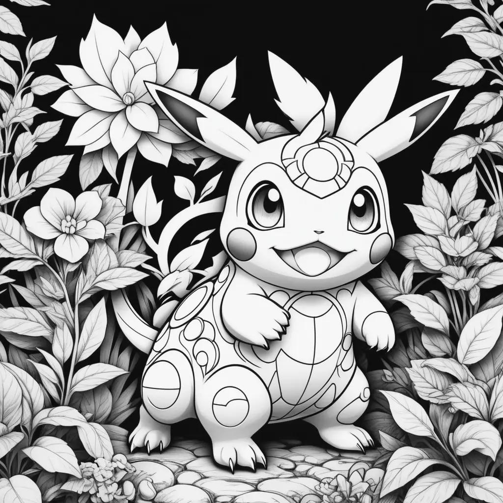 free coloring page of Pikachu with flowers