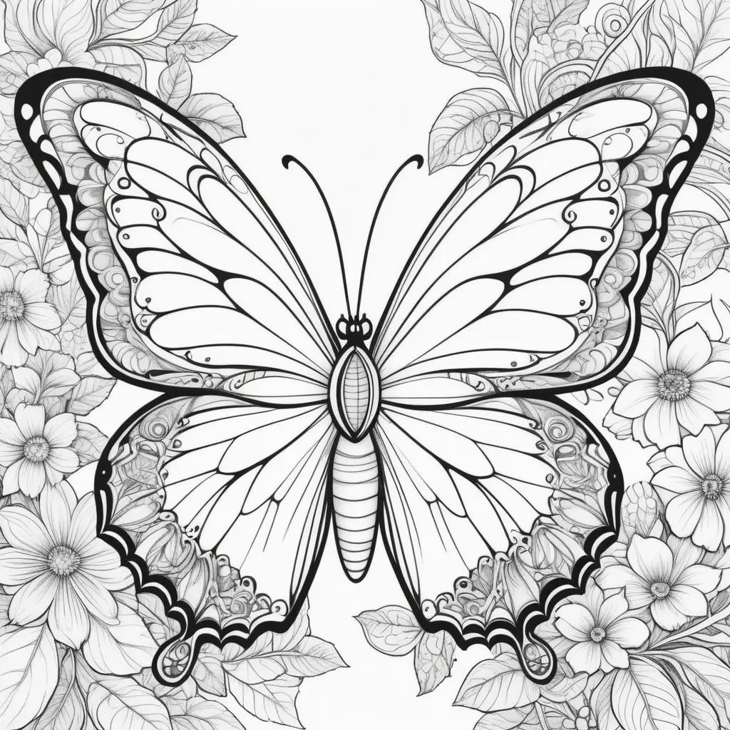 free coloring page of a butterfly with floral background