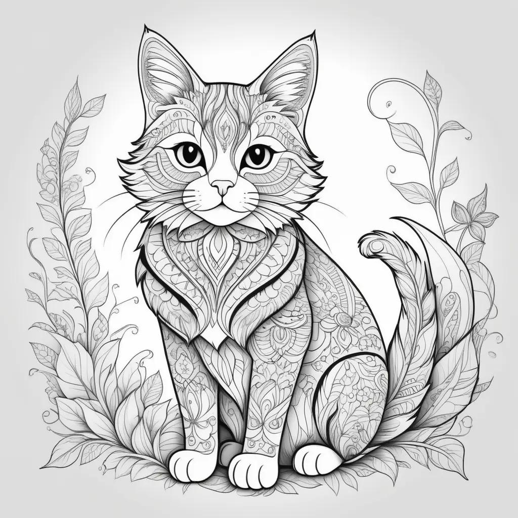 free coloring page of a cat with flowers and leaves around it