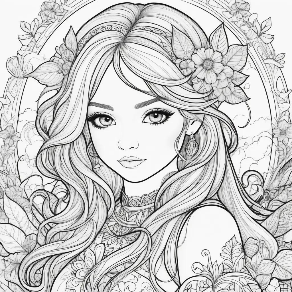 free coloring page of a girl with flowers