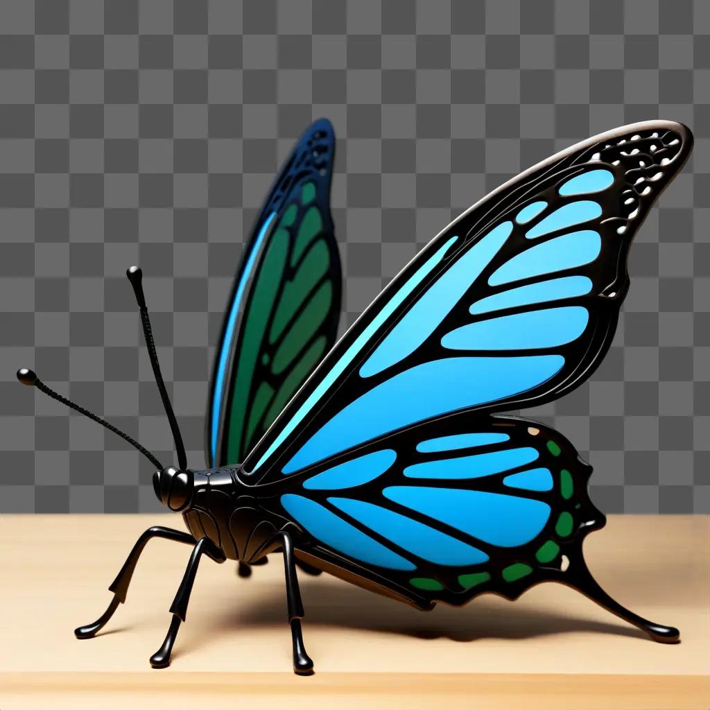 free-flowing blue butterfly sculpture against a green background