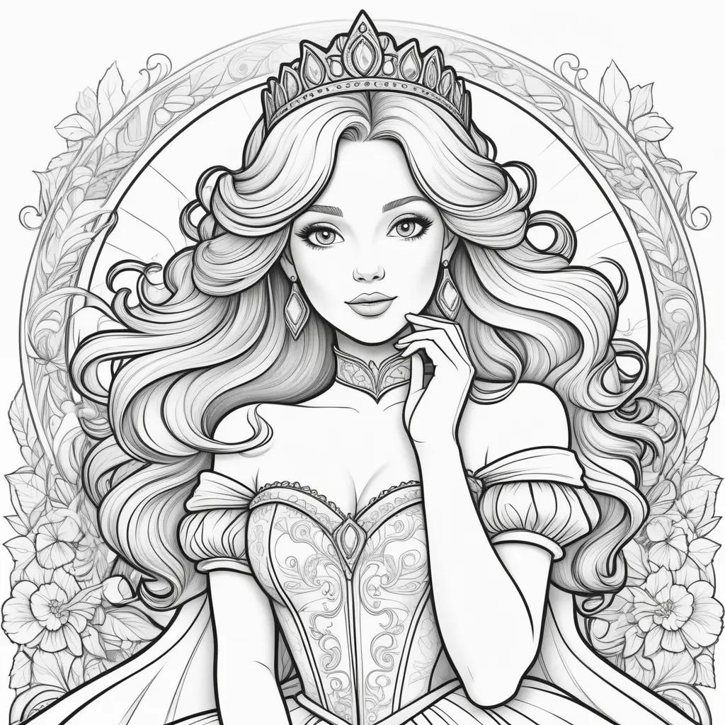 free princess coloring pages, featuring a young woman with a crown and a tiara, surrounded by flowers