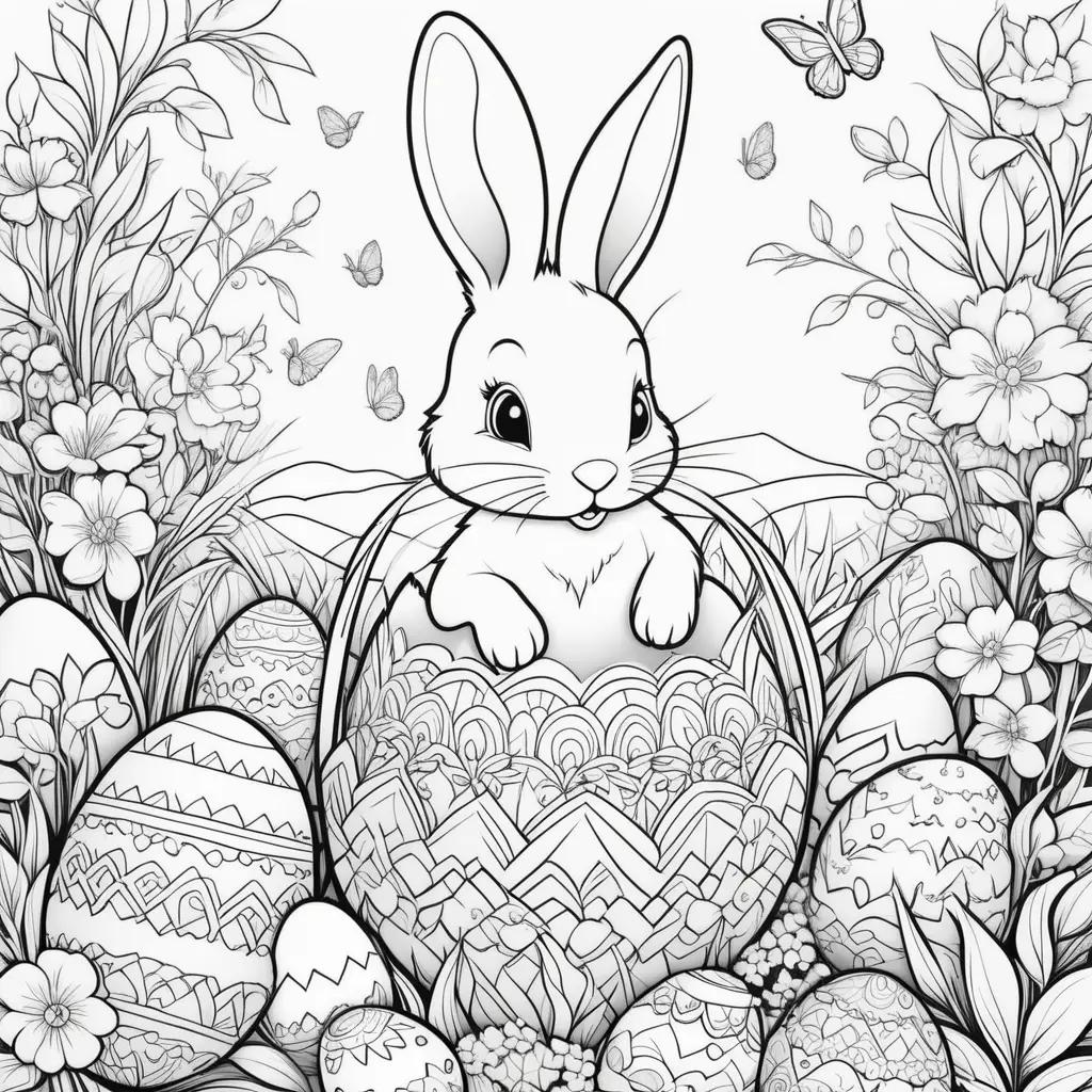 free printable Easter coloring page with a rabbit and eggs