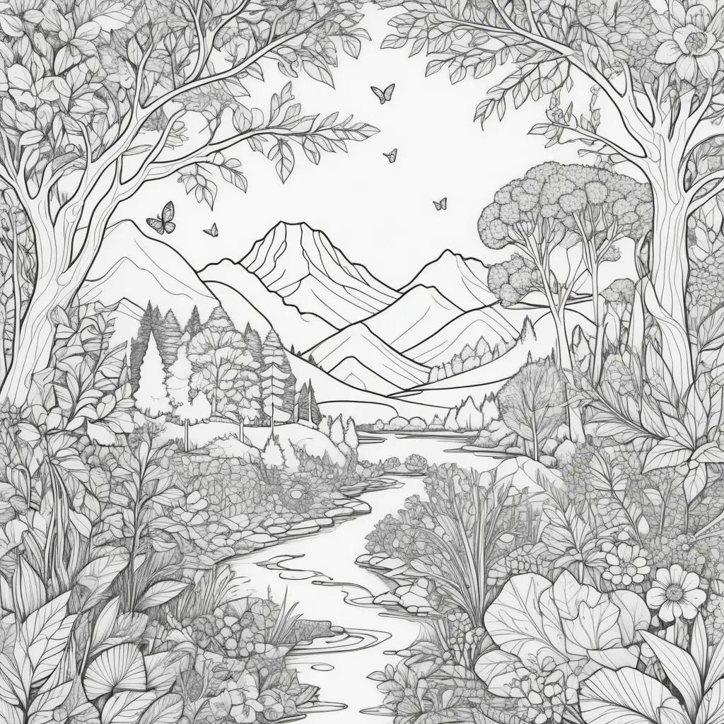 free printable adult coloring page features a forest scene with a river and butterflies