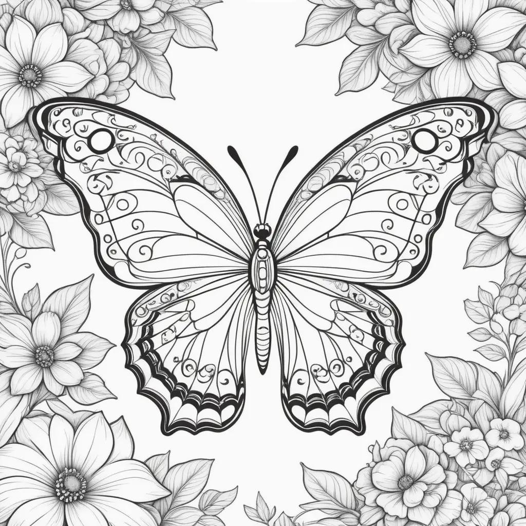 free printable coloring page of a black and white butterfly surrounded by flowers