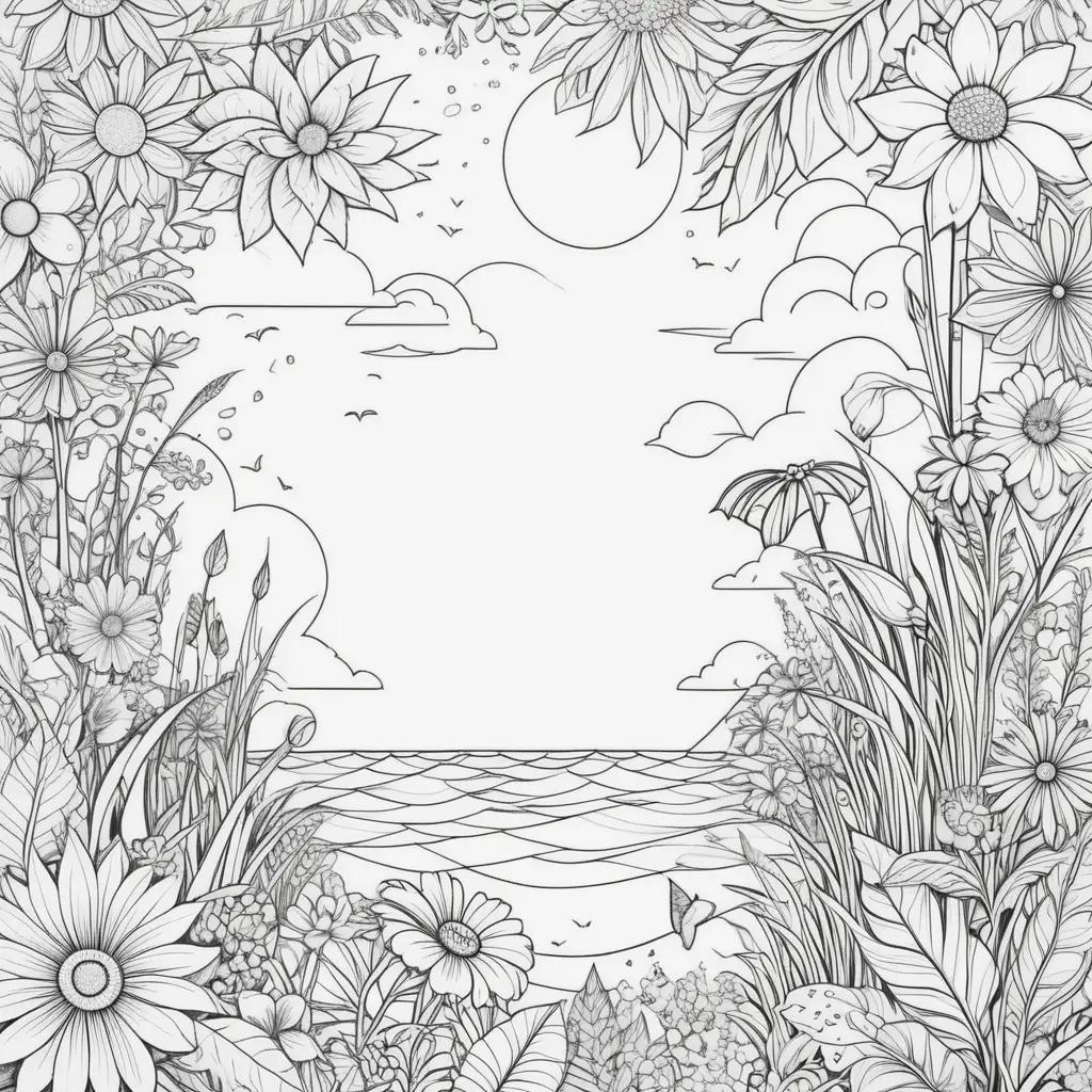 free summer coloring page with flowers and clouds