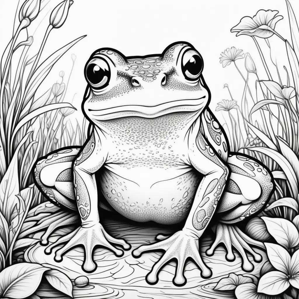 frog coloring page with a black and white frog sitting on a rock