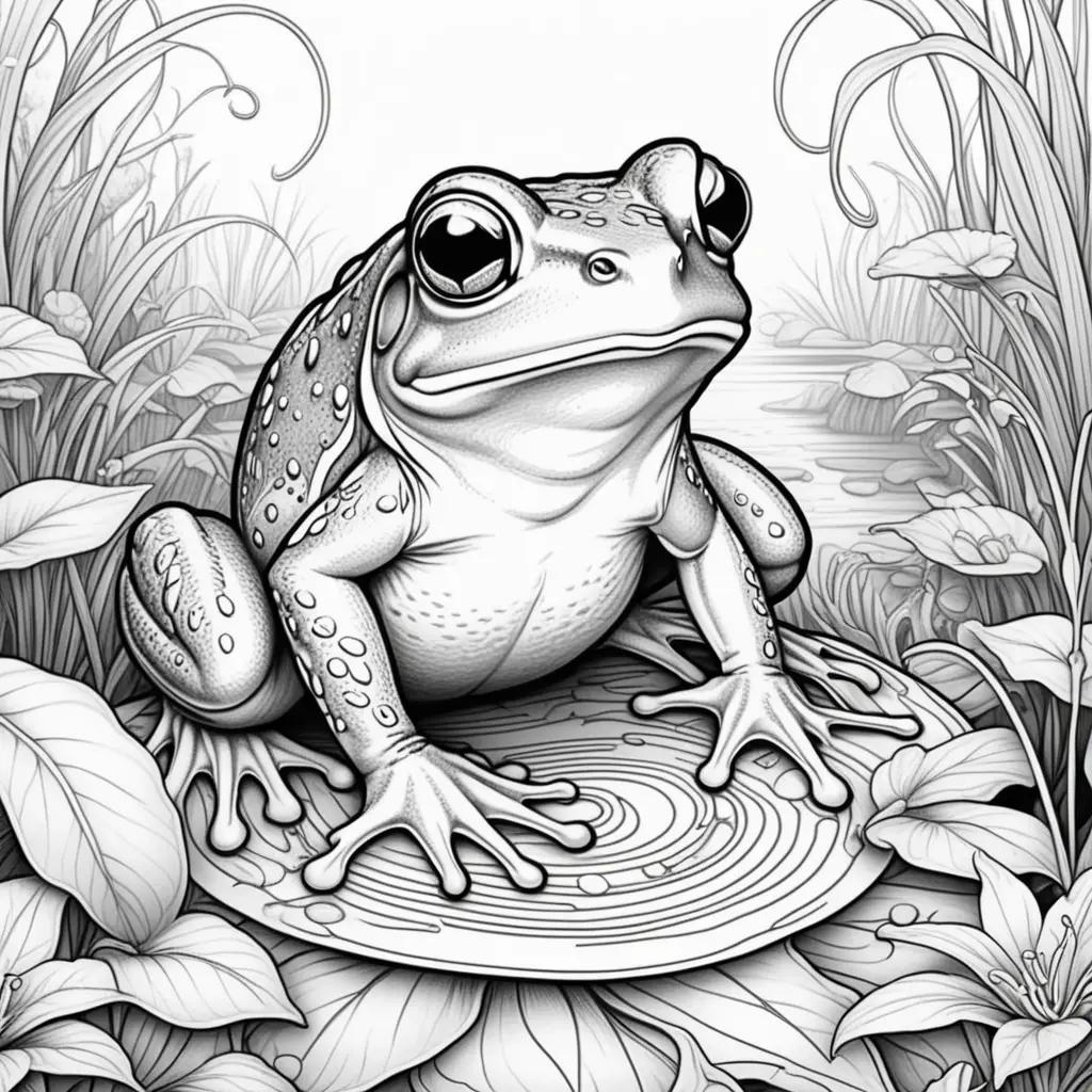 frog coloring page with a pond, leaves, and flowers