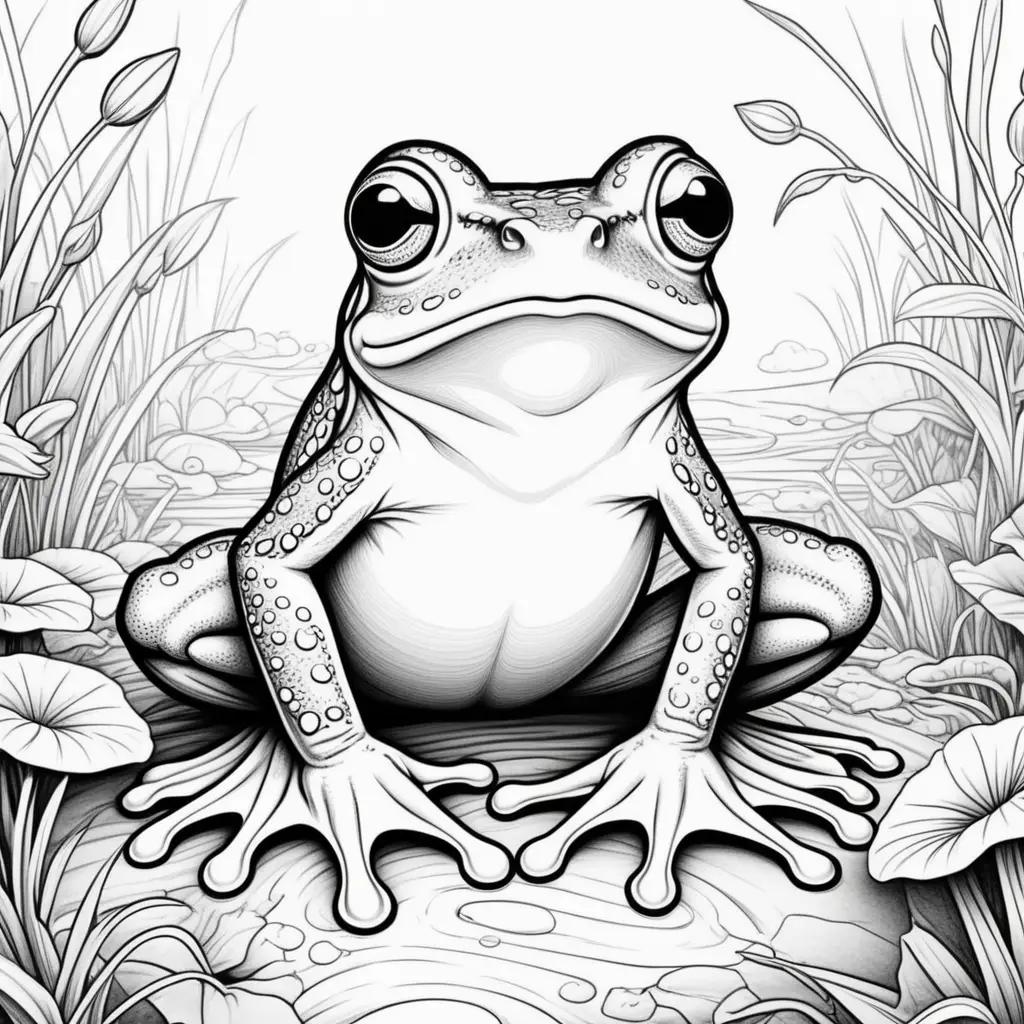 frog coloring page with a pond and grass in the background