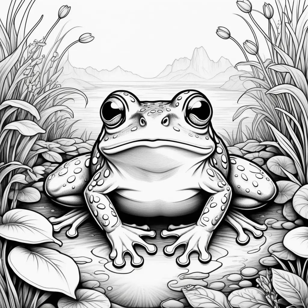 frog coloring page with a pond and mountain in the background