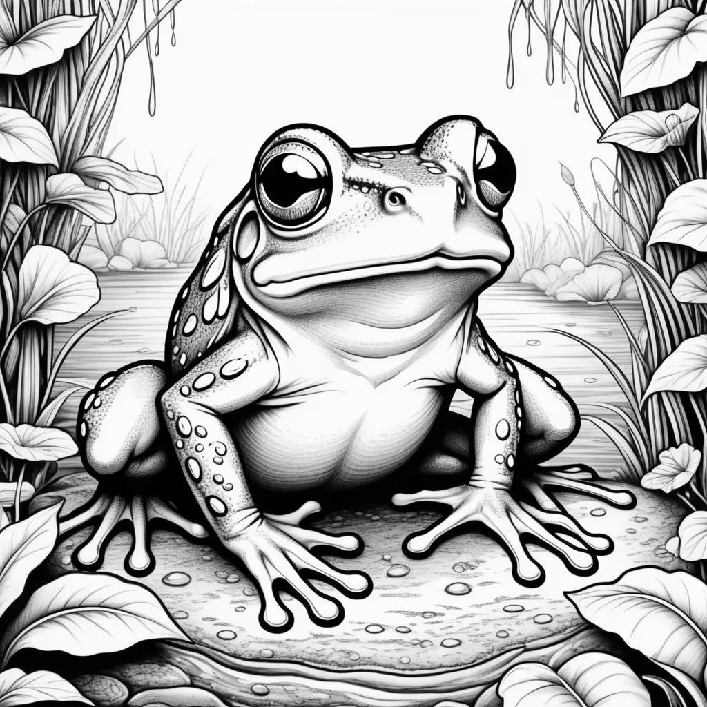 frog coloring page with water and leaves