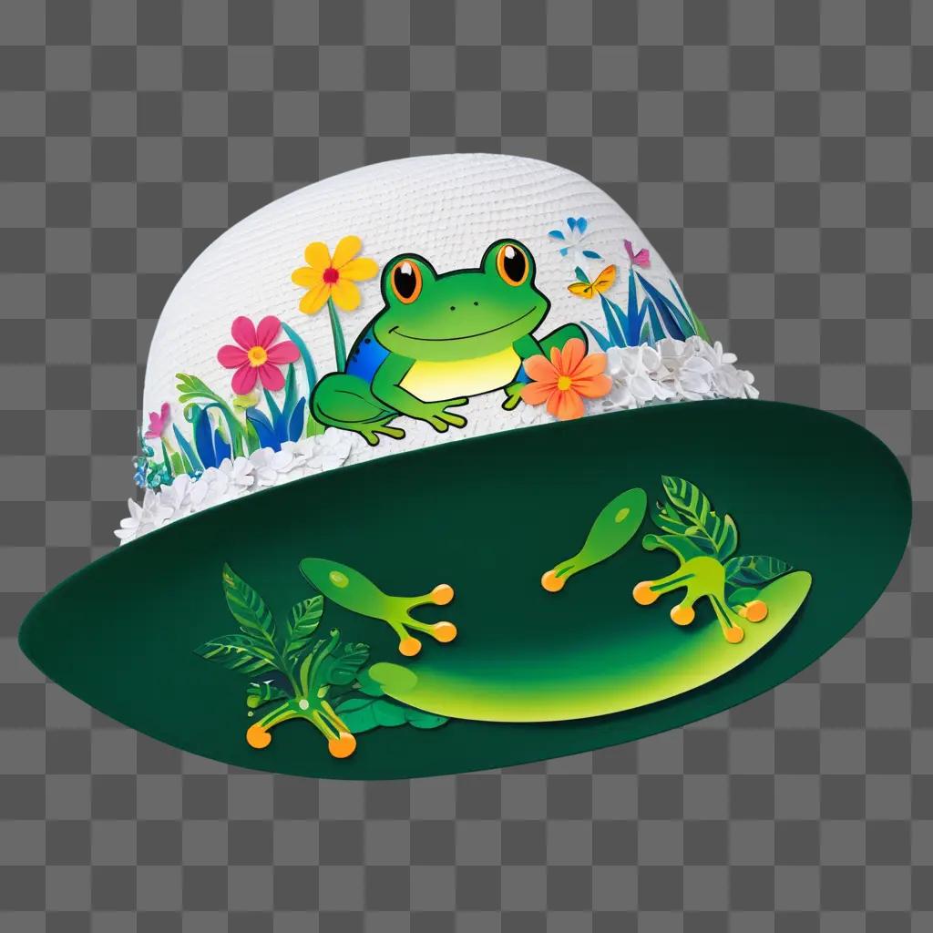 frog hat with a green frog on it