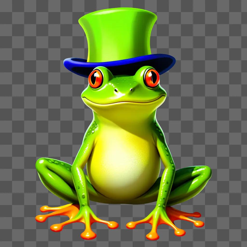 frog in a top hat sits on a green surface