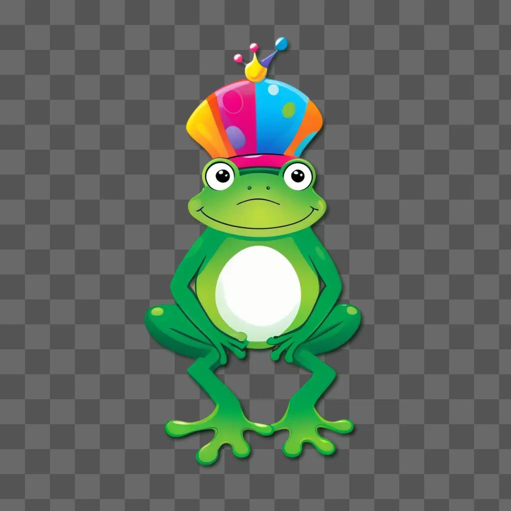 frog wearing a colorful hat on a green background