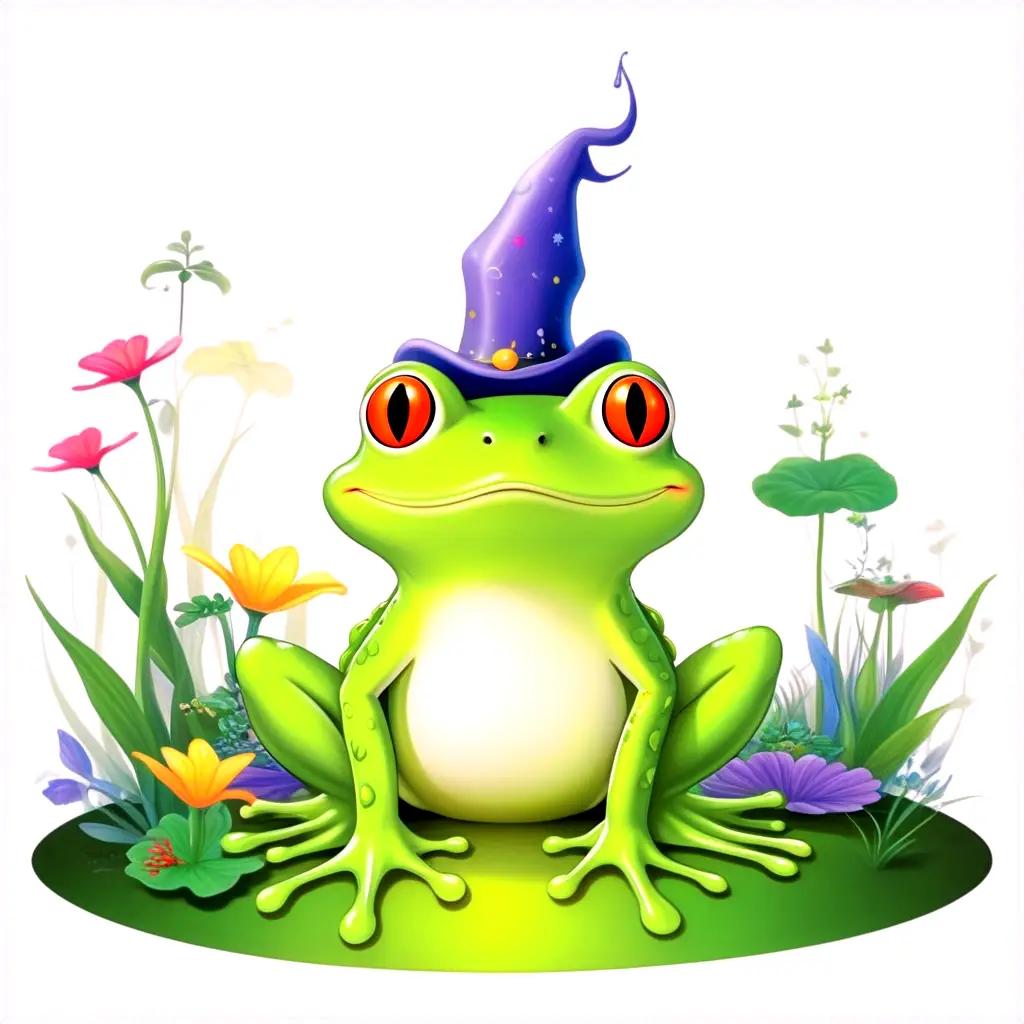 frog with a wizard hat sits on a grassy hill