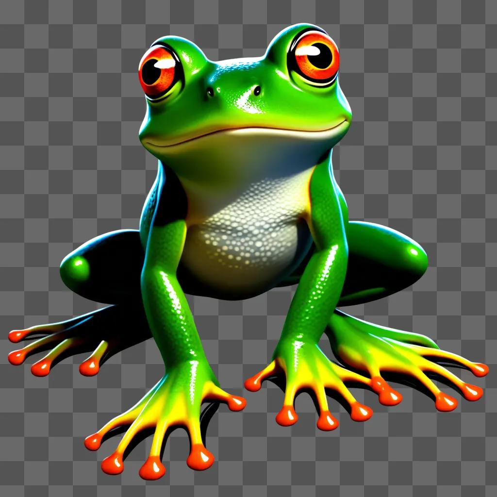 frog with red eyes and orange legs sits on a green background