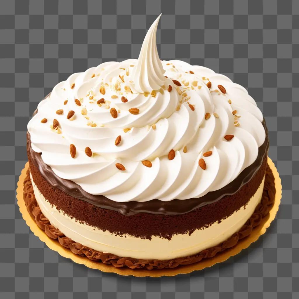 frosted cake topped with whipped cream and almonds