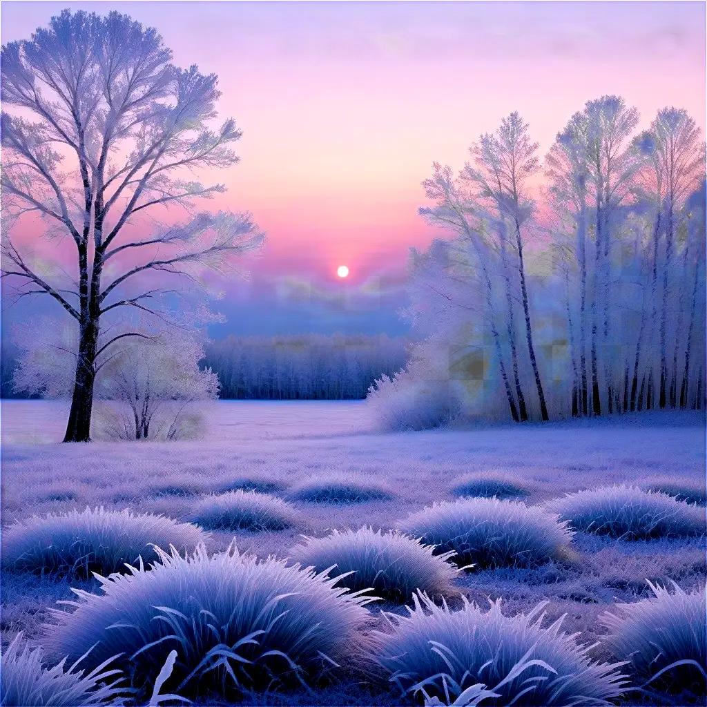 frosty landscape with trees and grass