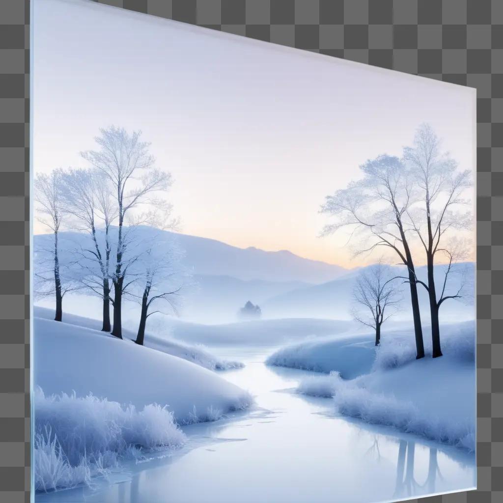 frosty window with snow-covered trees and a mountain