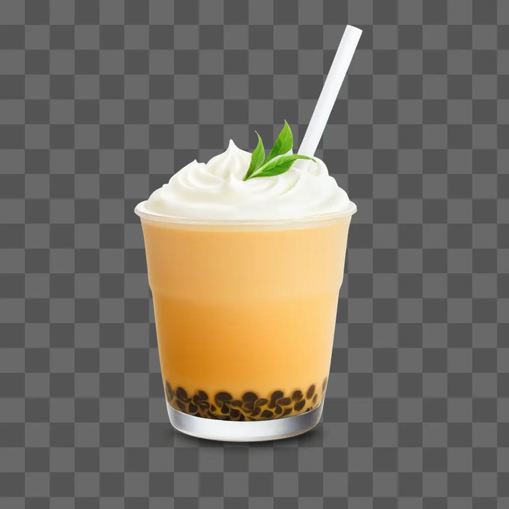 frothy milk tea with a green leaf on top