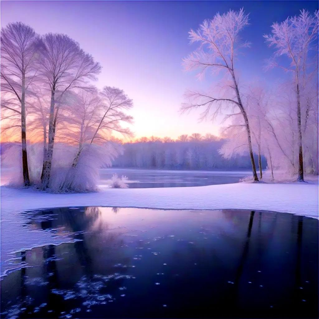 frozen pond at dusk with frost on trees