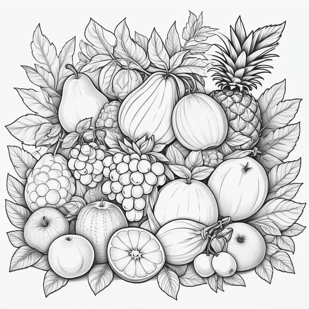 fruit collage coloring page with a variety of fruits