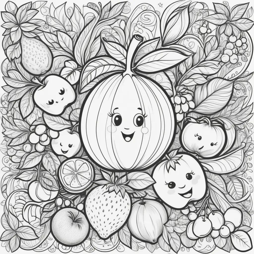 fruit coloring page with a variety of fruit and leaves