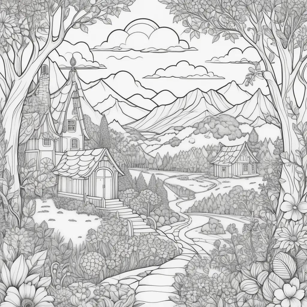 fun adult coloring page of a house in a forest