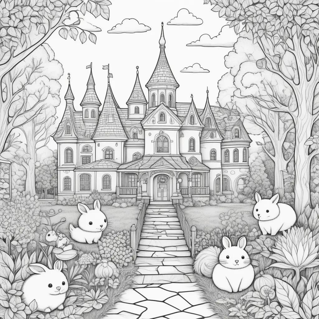 fun coloring page with a castle and bunnies