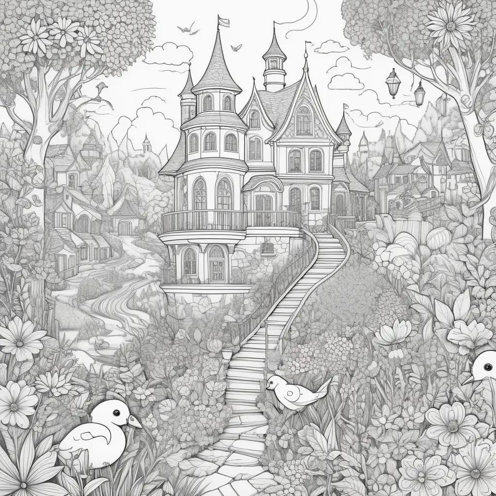 funny adult coloring page of a castle and birds