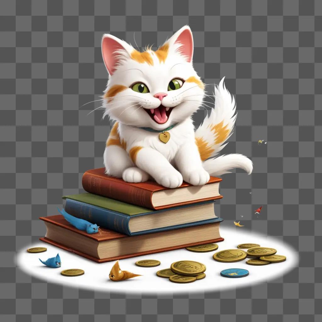 funny cat sits atop a stack of books