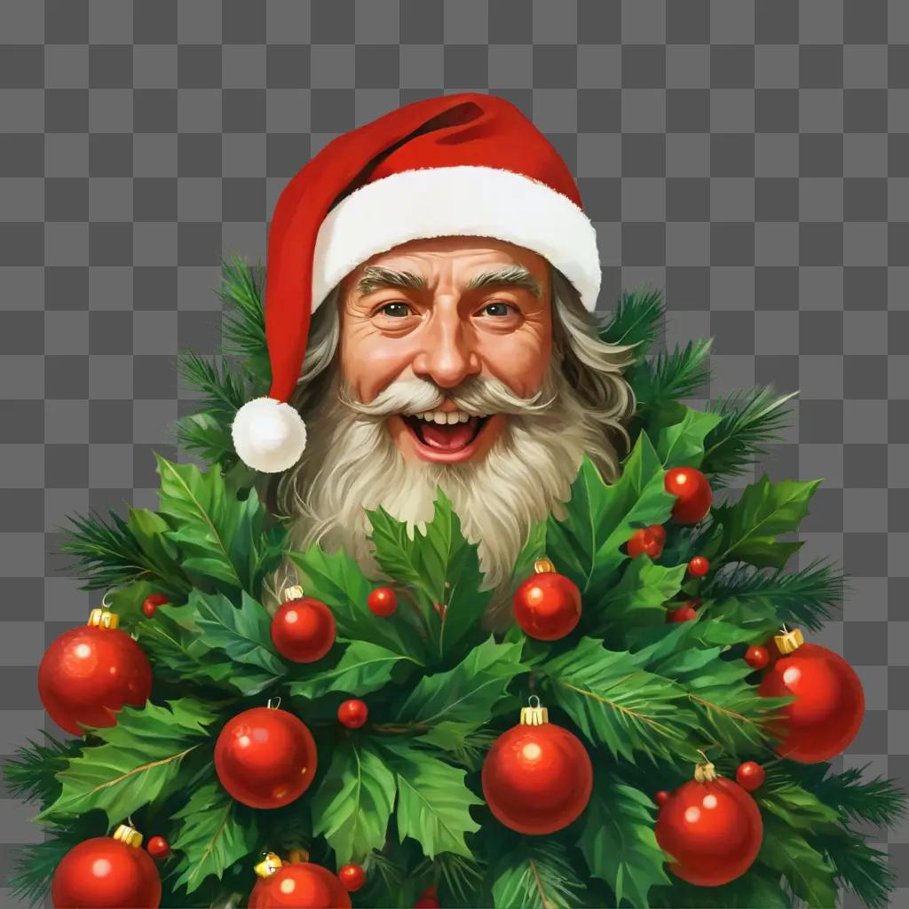 funny christmas background A Santa Clause in a wreath of greenery and red ornaments