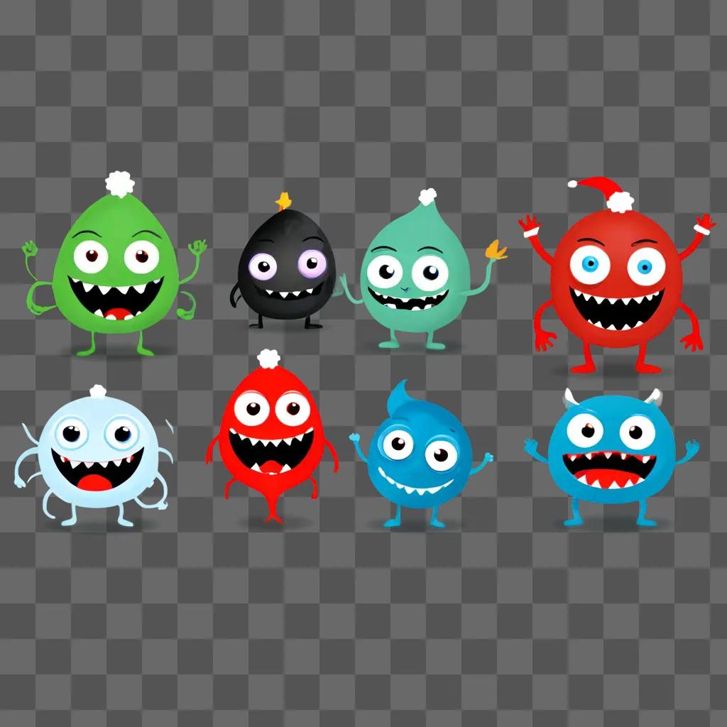 funny christmas background A collection of colorful monsters with glowing eyes