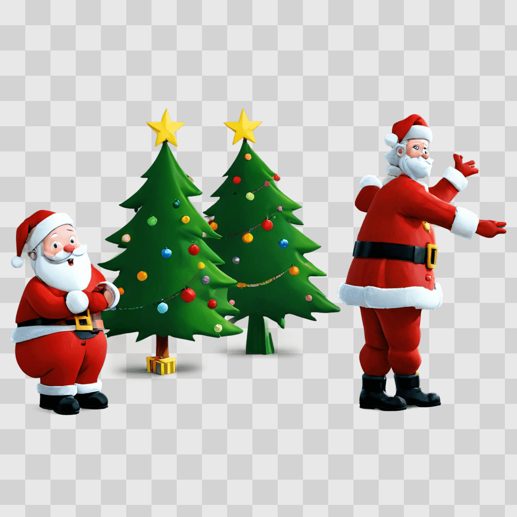 funny christmas background Two Santa Claus figurines next to Christmas trees