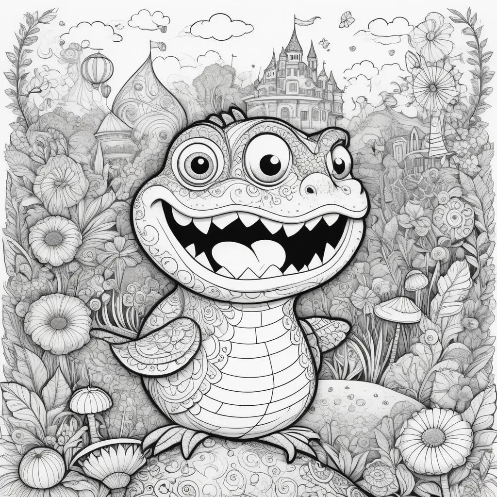 funny coloring page featuring a smiling lizard and a castle