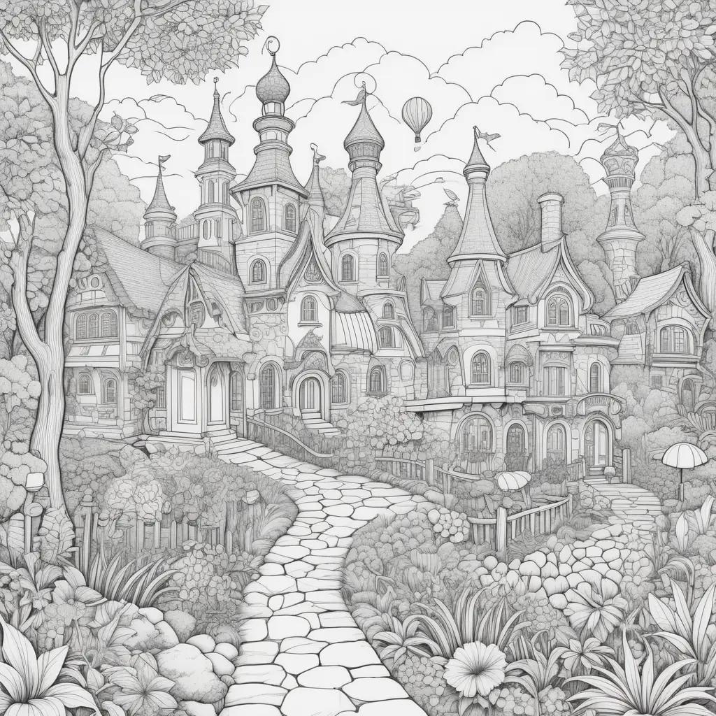 funny coloring page of a castle and a hot air balloon