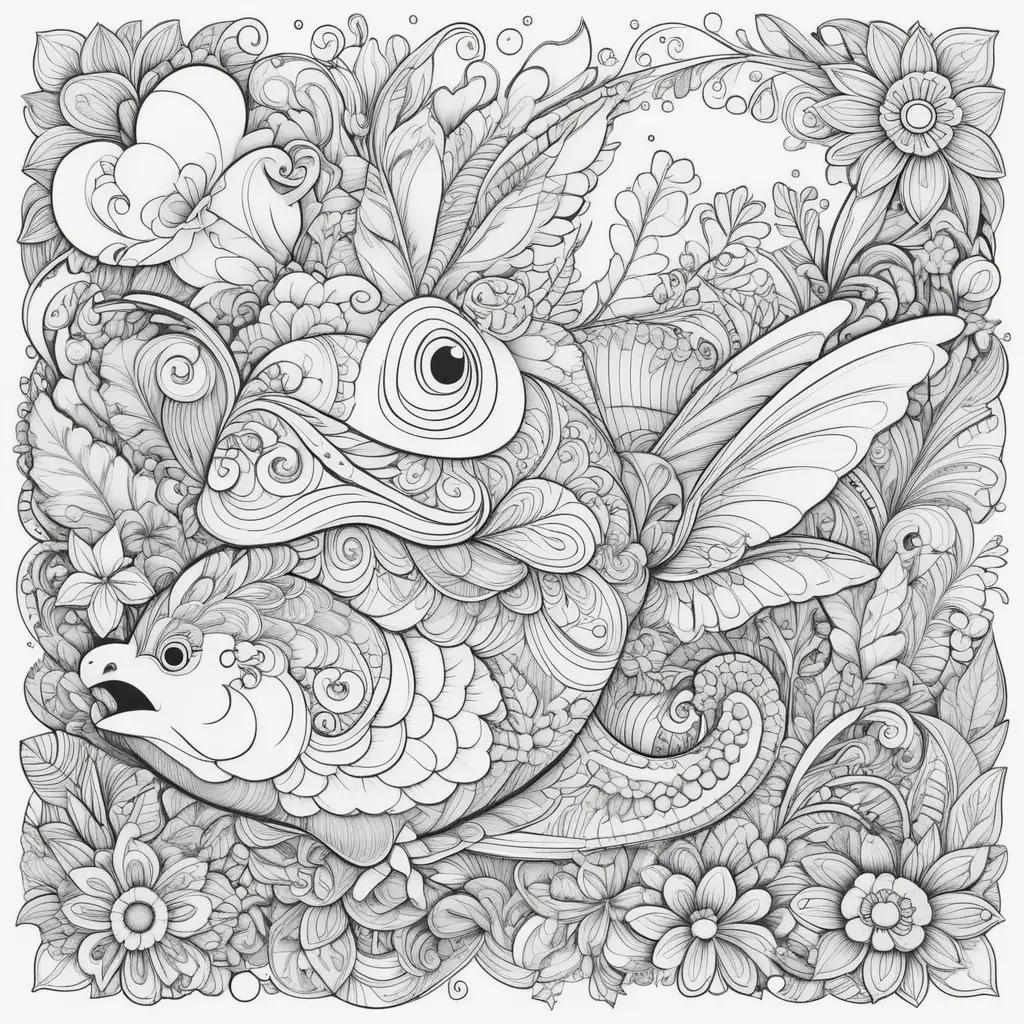 funny coloring page with fish and flowers