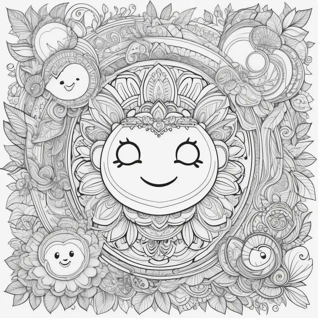 funny coloring page with smiling faces and flowers