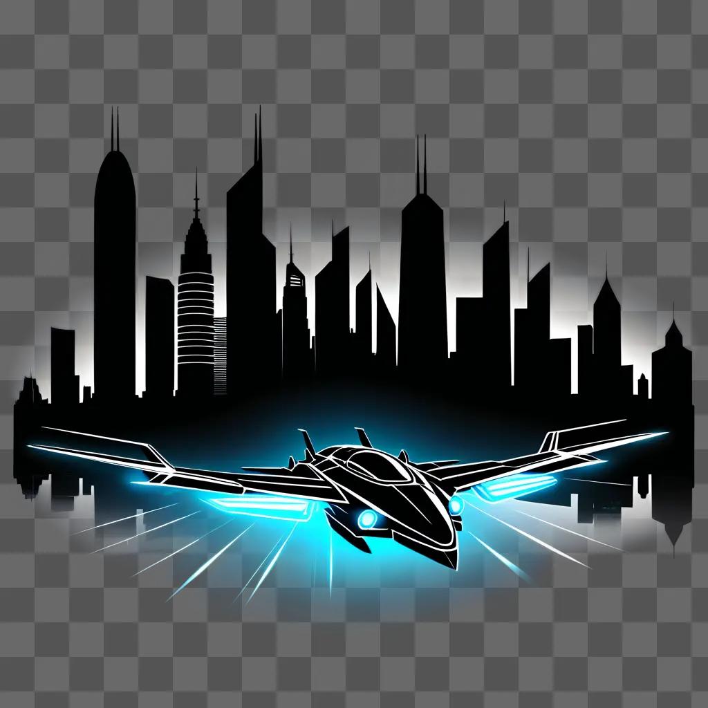 futuristic airplane flying over a city at night