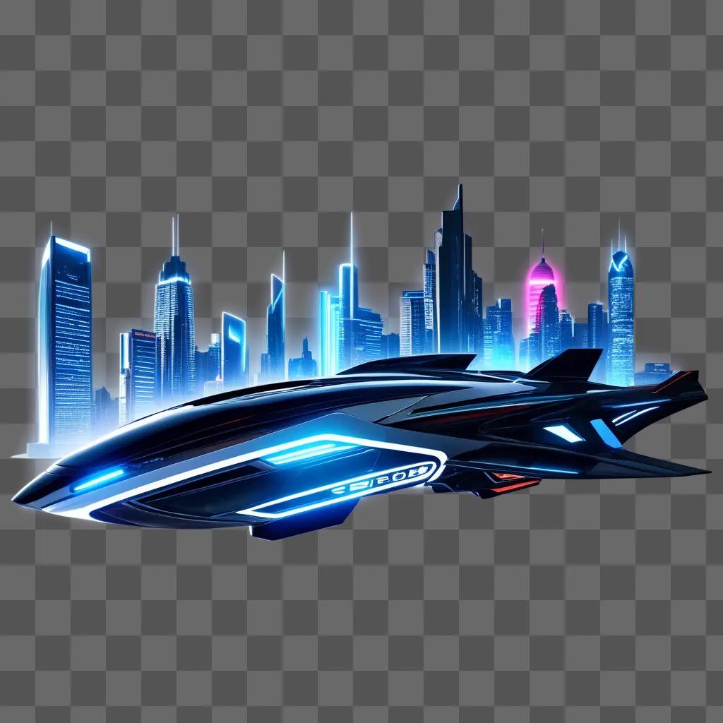 futuristic city skyline with a neon-lit logo