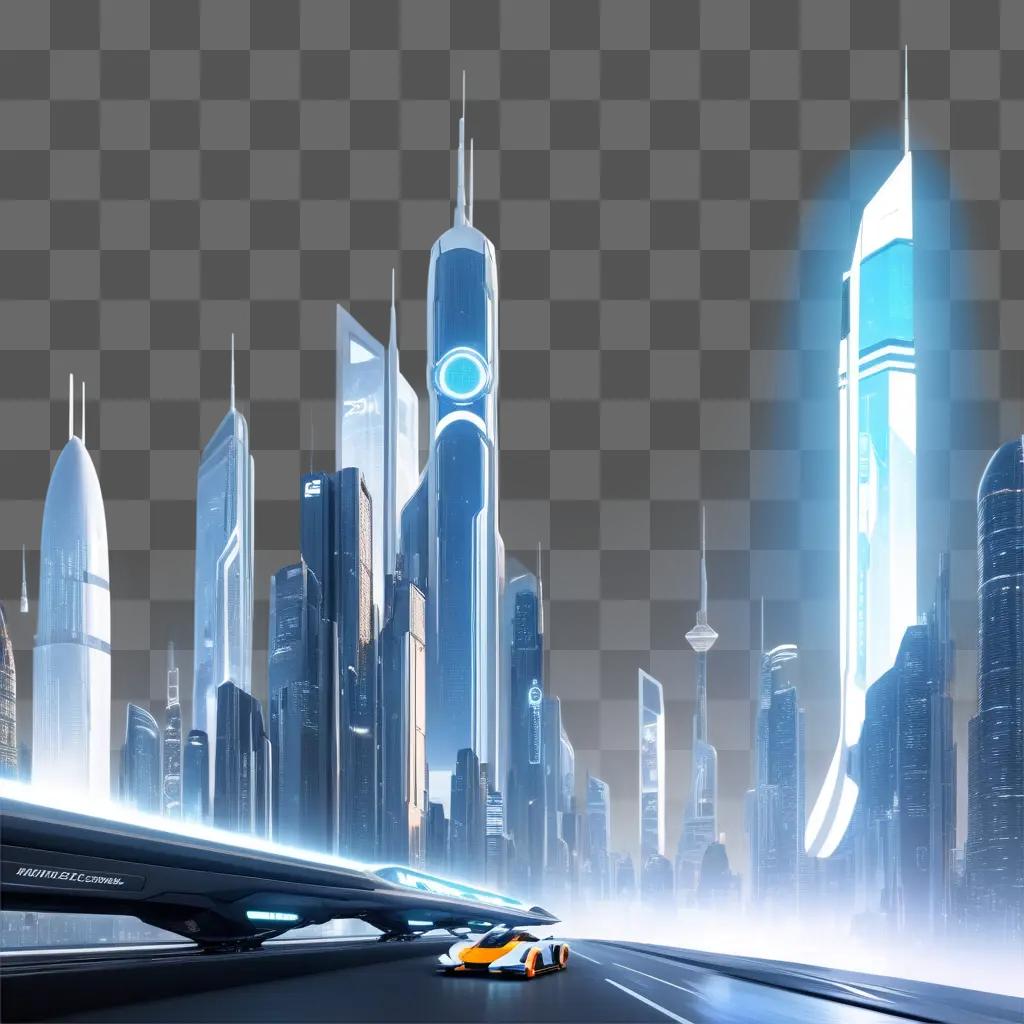 futuristic city with a car and tower on a road