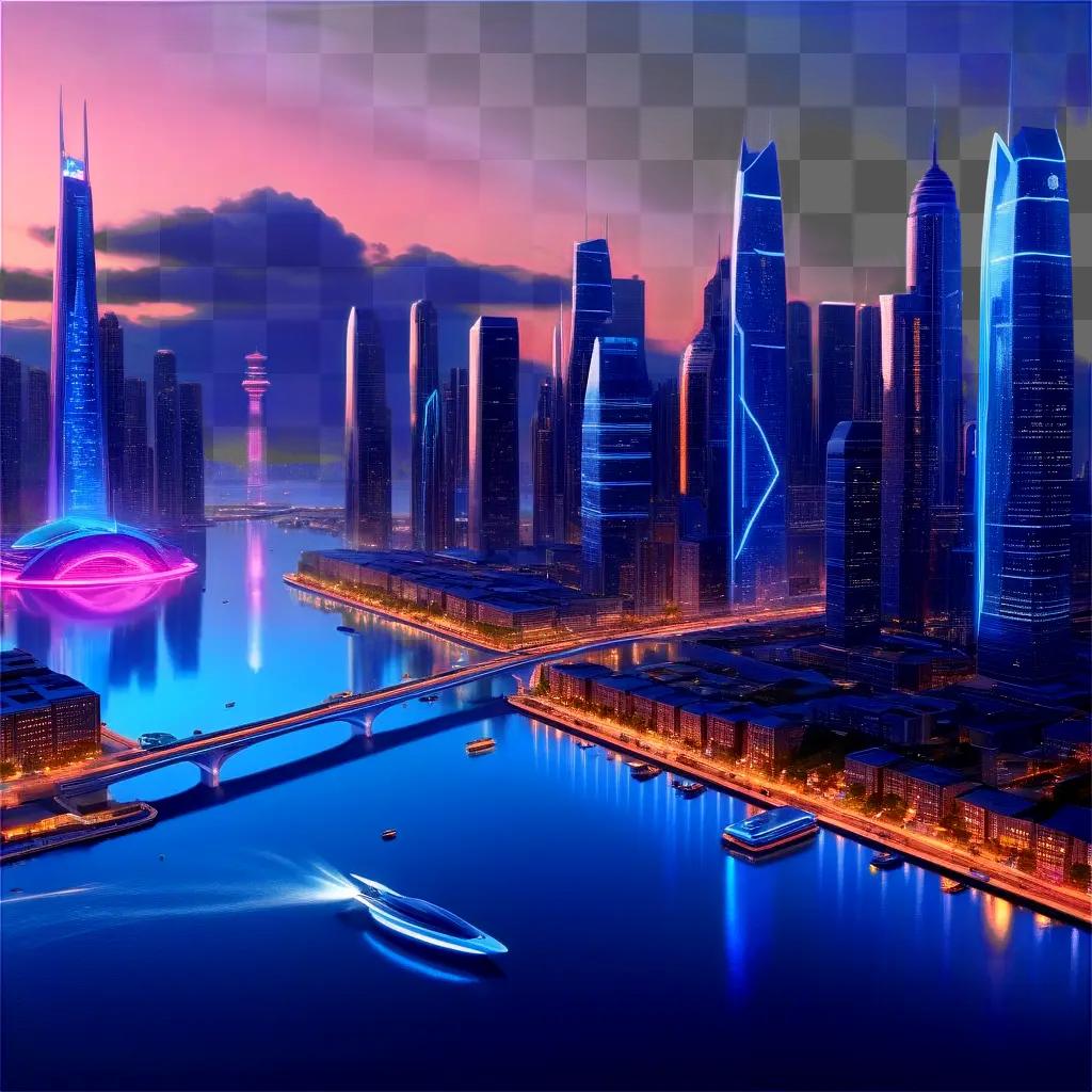川と船のある未来都市