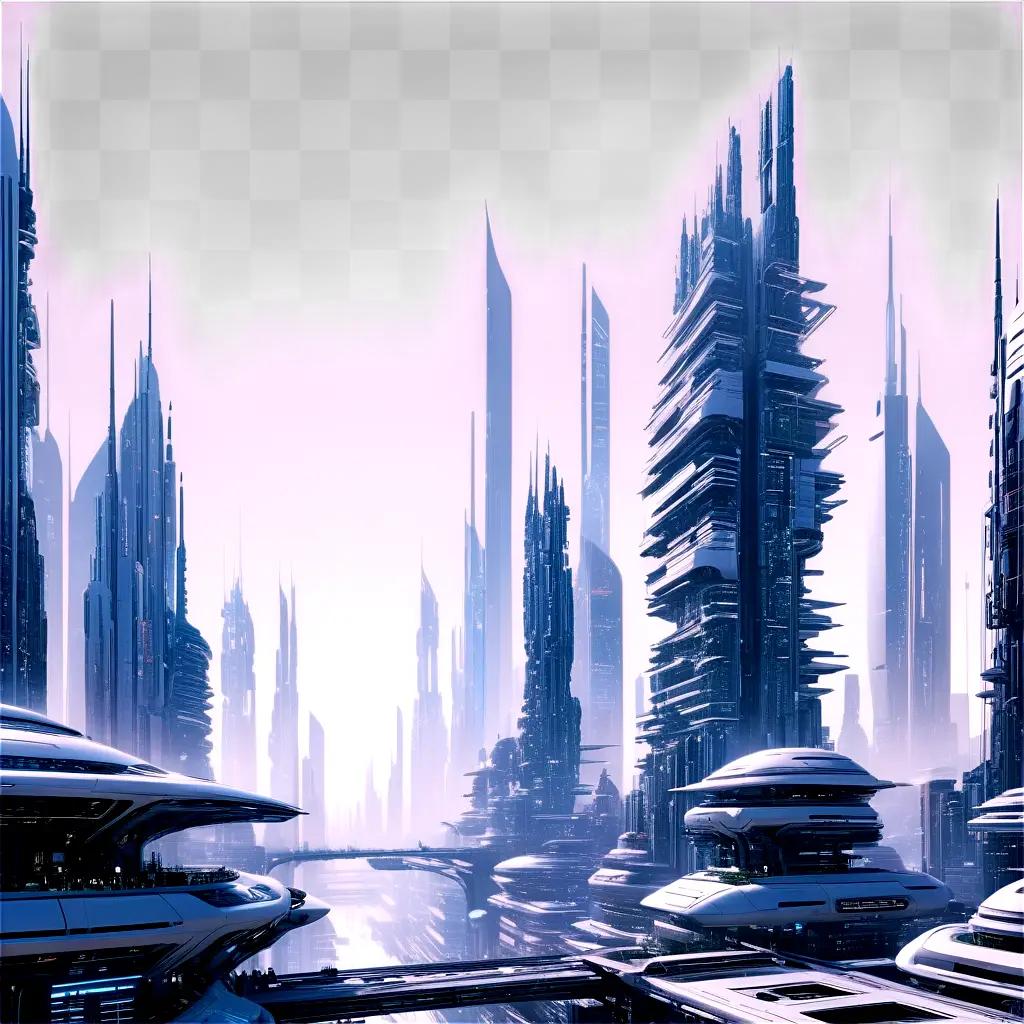 futuristic city with cybernetic buildings and flying cars