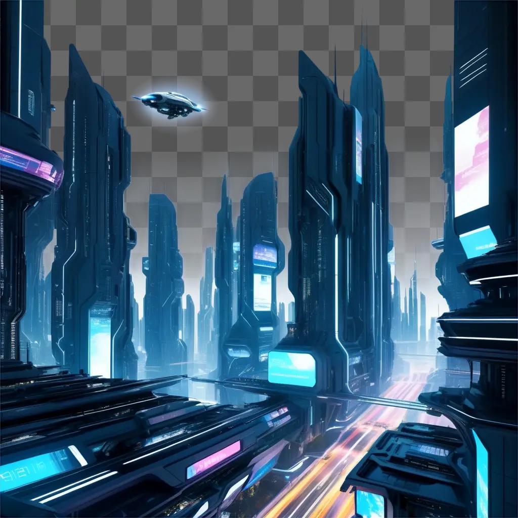 futuristic city with flying ships and neon lights