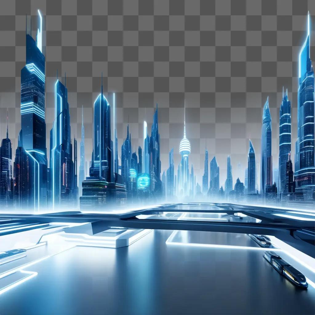 futuristic city with glowing buildings and a digital sky