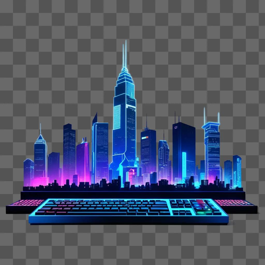 futuristic city with glowing buildings and neon lights