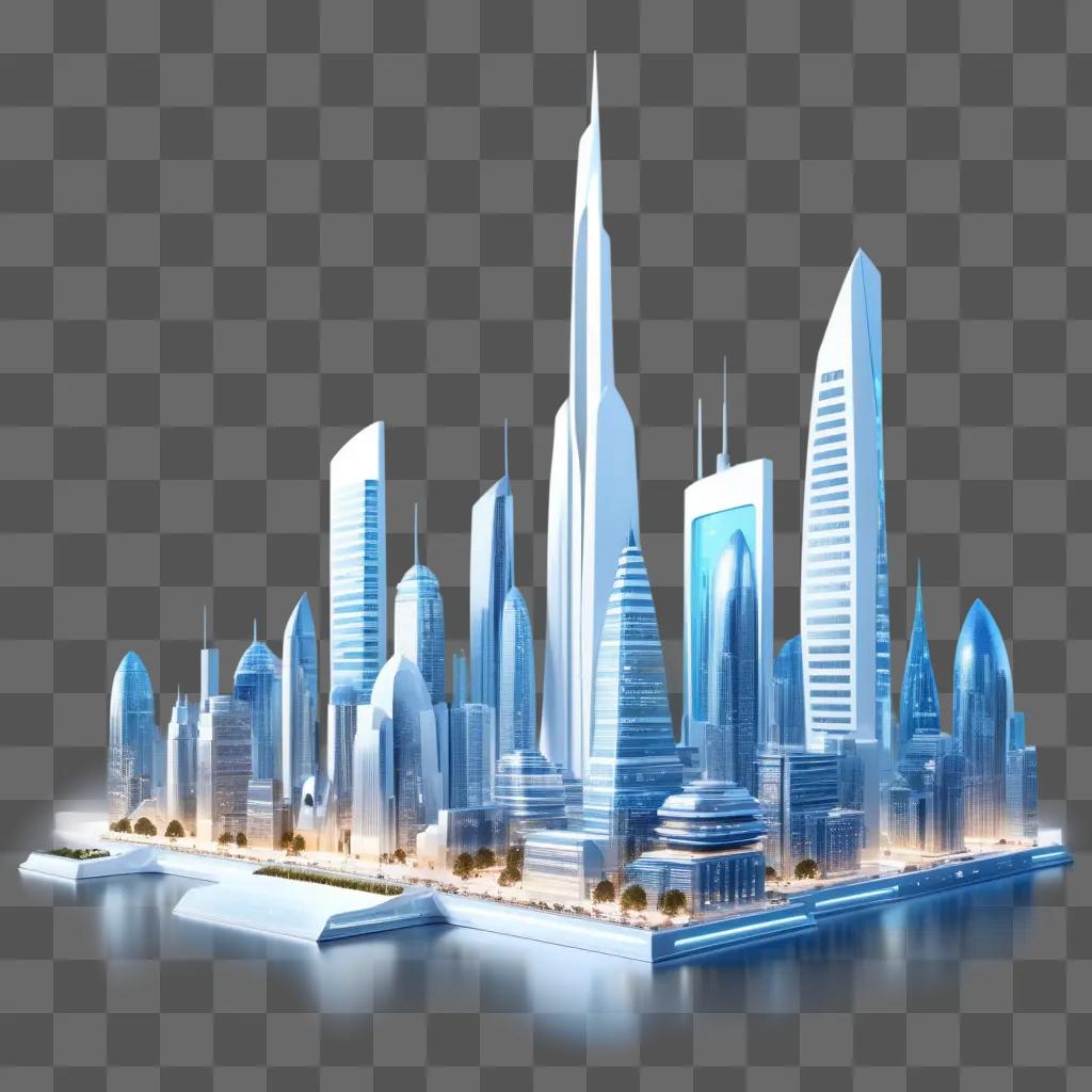 futuristic cityscape with a prominent logo in the center