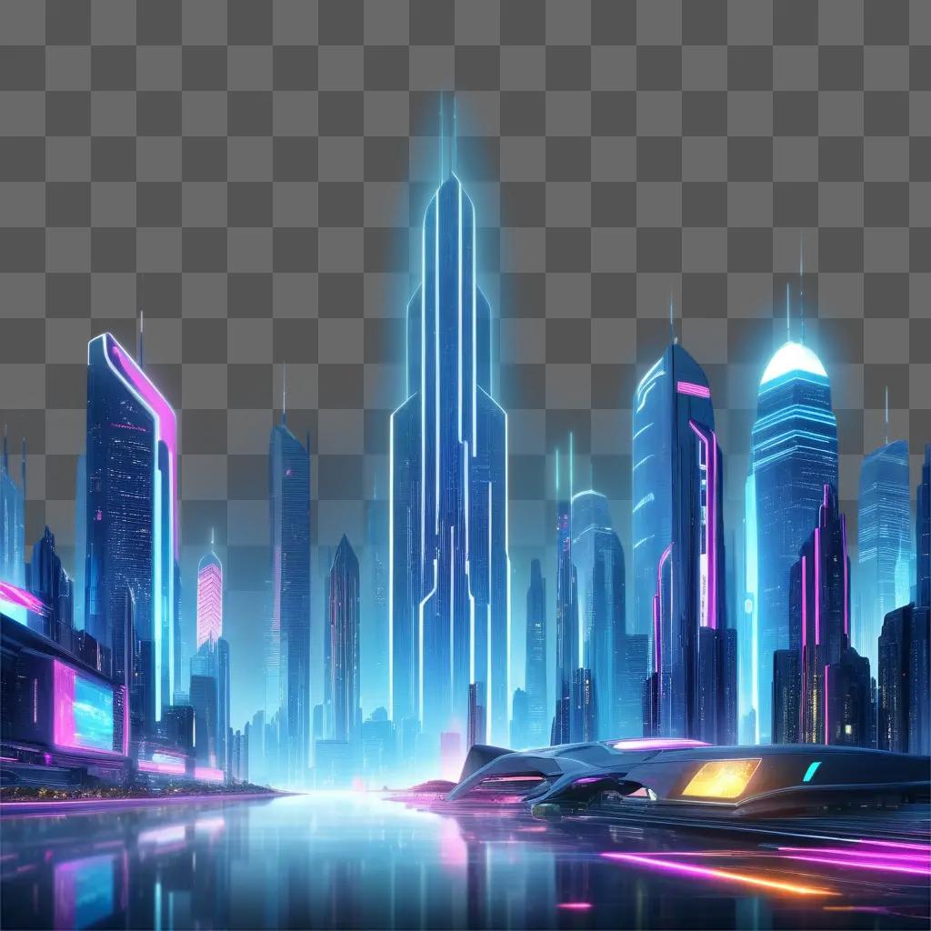 futuristic cityscape with neon lights and high-tech buildings